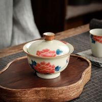 มือวาดดอกโบตั๋น Gaiwan สำหรับหม้ออบเซรามิกชาพร้อมฝาปิดกาน้ำชาถ้วยชาลูกพลับจีน Chawan Lily Deng S Store