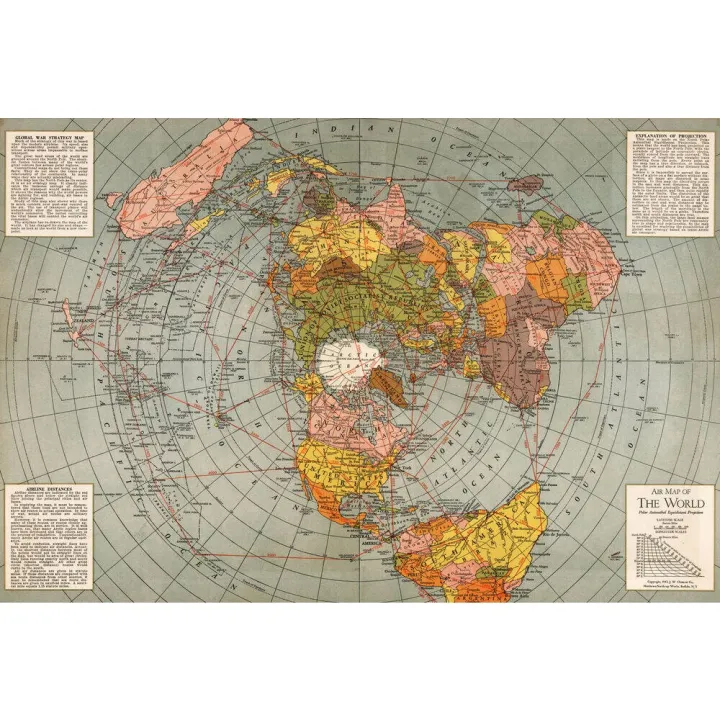 1943 Flat Earth World War Ii Map Polar Azimuthal Equidistant Projection ...