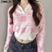 ✒ ITOOLIN Sweater Polo Collar Knitted Pullovers Sleeved Pink Jumpers