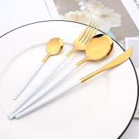 24Pcs White Gold Dinnerware Stainless Steel Tableware Set Knife Fork Spoon Luxury Cutlery Set Kitchen Flatware Dishwasher Safe