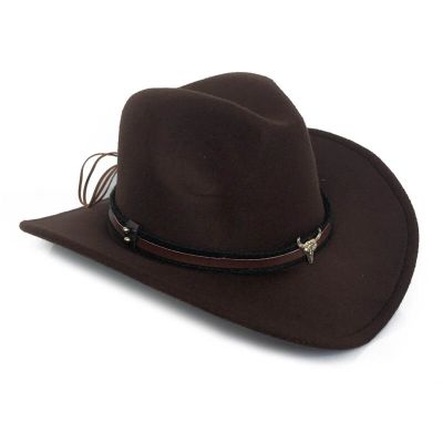 หมวกคาวบอยตะวันตกแฟชั่นหมวกที่ให้ความรู้สึกเหมือนขนสัตว์เทียมใหม่ของตกแต่งหัวกระทิงโลหะ Sombrero ตะวันตกชายหญิงหมวกสีดำสีน้ำตาล