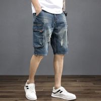 CODzoees Summer thin five-point jeans men s trendy brand loose multi-pocket overalls pants casual ripped shorts