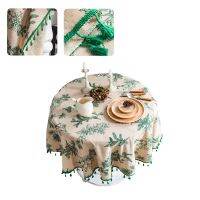 59 Inch Rustic Cotton Linen Round Tablecloth with Tassels Vintage Green Pine Leaves Printing Table Cover for Kitchen Dining