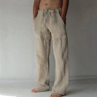 Mens Cotton Linen Pants Solid Color Male Breathable Trousers Waist Loose Long Pants Men Casual Joggers Fitness Streetwear S-3XL