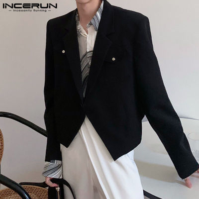 INCERUN เสื้อสูทแขนยาวสำหรับผู้ชายสั้นติดกระดุมปกปกปกหน้าทางการแบบไม่สม่ำเสมอเสื้อแจ็คเก็ตแนวธุรกิจ (สไตล์เกาหลี)