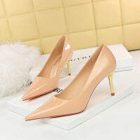 7122-A1 Sexy Slim Fit Metal Heel Thin Heel High Heel Shallow Toe Shiny Lacquer Leather Womens Single Shoe