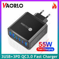 VAORLO อุปกรณ์ชาร์จ QC3.0ของแท้,3USB + 3PD 55W ชาร์จอะแดปเตอร์โทรศัพท์เซลล์ชาร์จ6พอร์ตเร็วชาร์จเร็วสำหรับสมาร์ทโฟนทุกแบบ IOS Android