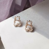 Korean Style Cute Rhinestone Bear Clip on Earrings Simple Hollow Out Pearl Bear Clip Earrings Without Piercing for Girls Kids