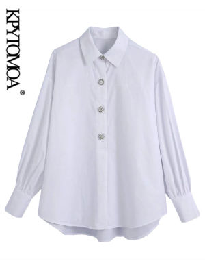 KPYTOMOA Women Fashion With Bejewelled Button White Blouses Vintage Long Sleeve Asymmetry Female Shirts Blusas Chic Tops