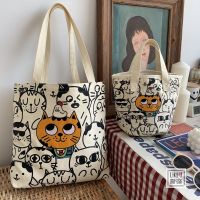 【BA】☬❣❈ Autumn and winter Korean cartoon cat embroidery all-match ins retro bag student schoolbag shopping canvas shoulder bag female