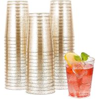 Clear Plastic Cups, Gold Glitter Plastic Tumblers Reusable Drink Cups Party Wine Glasses for Champagne Cocktail Dessert