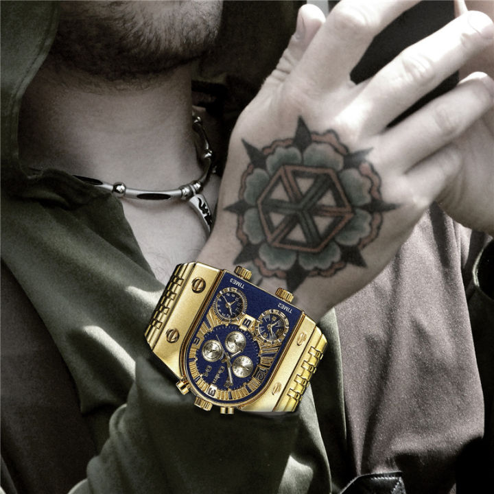 oulm-9315โกลเด้นนาฬิกาควอตซ์ชายทหารนาฬิกาข้อมือ3โซนเวลาบิ๊กแบบ-dial-เต็มเหล็กหรูหราผู้ชายนาฬิกา-rel-gio-masculino