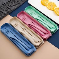 1 Set Cutlery Set with Storage Box Easily Cleaned Non slip Nordic Style Wheat Three piece Spoon Fork Cutter Set for School