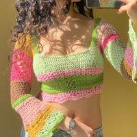 ✤ Knitted Crop Flared Sleeve Crochet Knitwear Patchwork Shirt Tie Up Drawstring Back Streetwear