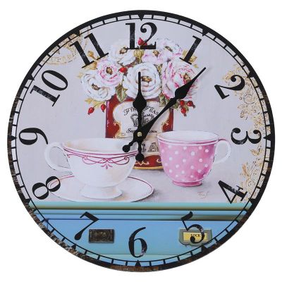 Vintage Antique Style 34cm Wall Clock Home Bedroom Retro Kitchen Quartz (Pattern:flower+cups)