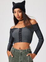 Cider Solid Knit Halter Off-shoulder Long Sleeve Top