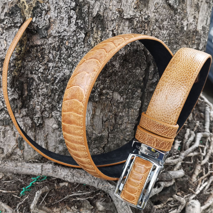 belt-amp-buckle-เพื่อความพากภูมิใจของเอกบุรุษเช่นคุณ-เข็มขัดหนังแท้-เกล็ดแข้งของนกกระจอกเทศ-ยาวตลอดเส้น-สีแทน