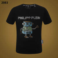 Philipp Plein เสื้อยืดแขนสั้นผ้าคอตตอนพิมพ์ลายหุ่นยนต์โกเลมมีเพชรแบรนด์คุณภาพสูงผู้ชาย