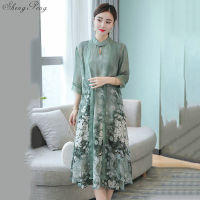 2018 New qipao long cheongsams dress two pieces chinese traditional dress summer flowers vintage dress oriental robes Q176