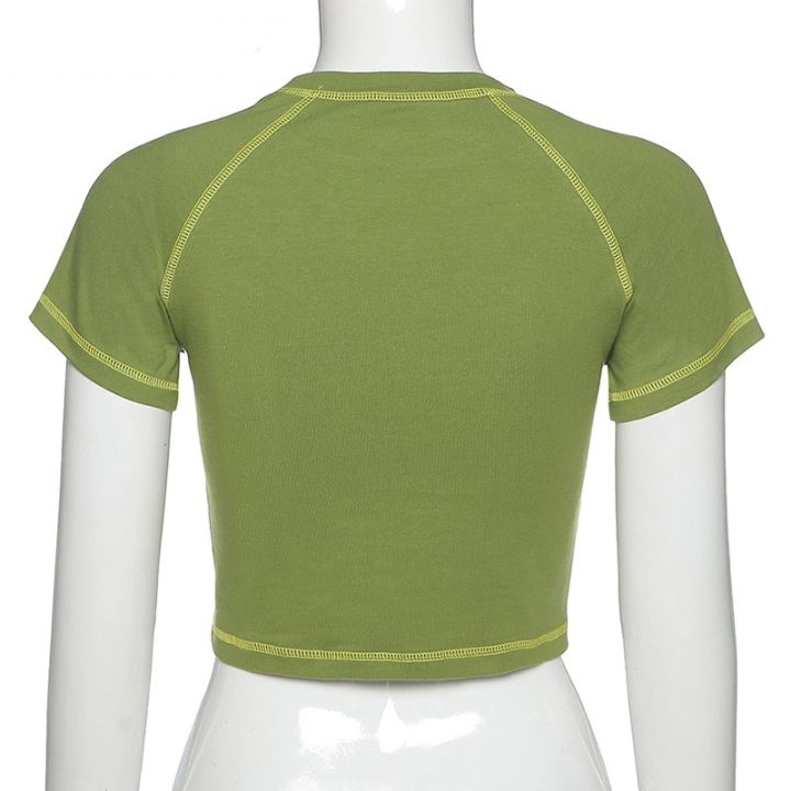 เสื้อยืดแขนสั้นพิมพ์ลายผีเสื้อและตัวอักษรเสื้อครอปสีเขียว-y2k-สไตล์กรันจ์ฤดูร้อน