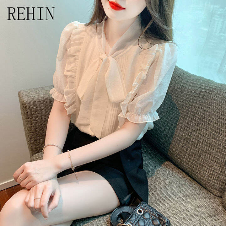 rehin-เสื้อผู้หญิงแขนสั้นผ้าชีฟองเสื้อหรูหราโบว์ฝรั่งเศสใหม่ฤดูร้อน