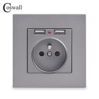 COSWALL หน้าจอโทรศัพท์ปลั๊กจ่ายไฟตัวเมียผนัง16A ผนังลายโปแลนด์แผงพีซีที่ชาร์จ USB คู่เคลือบสีเทา