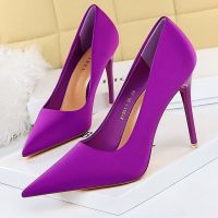 ร้อน, ร้อน★BIGTREE Shoes Satin Women Pumps 2023 New Purple High Heels Fashion Women Shoes Stiletto Luxury Noble Party Shoes Women Heels