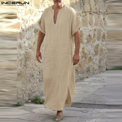 INCERUN เสื้อสไตล์ชาติพันธุ์ยาวฝ้ายลินินคอวีผู้ชายแขนสั้นเรียบง่ายเสื้อคลุมเรียบๆ (เสื้อผ้ามุสลิม)