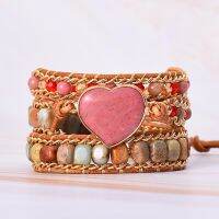 เครื่องประดับหนังกำไลข้อมือสำหรับผู้หญิงทำด้วยมือลายหัวใจสีชมพูขนาดใหญ่ใหม่เครื่องประดับโบฮีเมียนหรูหราเครื่องประดับงานปาร์ตี้ของขวัญขายส่ง