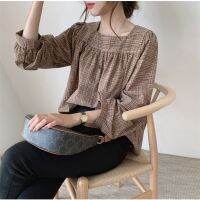 ☋☌▬ Korean Version Square Neck Plaid Loose All-Match Long-Sleeved Shirt Top 38276