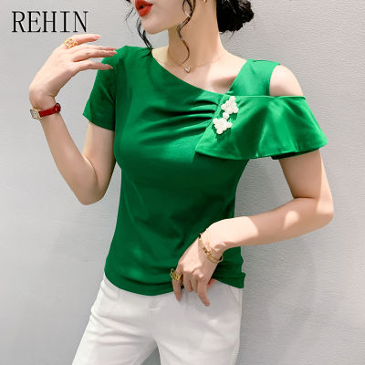 REHIN เสื้อยืดแขนสั้นเปิดไหล่สำหรับผู้หญิงสไตล์ยุโรปที่มีชายเสื้อมีระบายอเนกประสงค์และเสื้อมีสไตล์