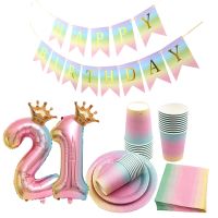 【JIU YU】☈  1 conjunto gradiente arco-íris descartável talheres banners de papel com coroa gradiente balões para festa de aniversário decorações suprimentos