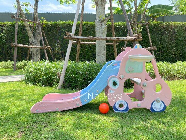 toykidsshop-สไลเดอร์เด็ก-สไลเดอร์รถบัส-2in1-กระดานลื่น-มีแป้นบาส-ลูกบาส-no-002