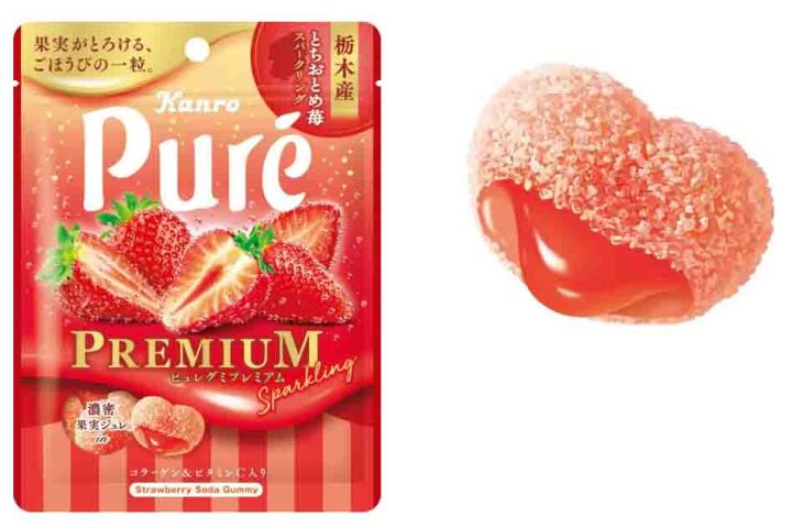 พร้อมส่ง-pure-gummy-premium-tochiotome-strawberry-sparkling-54g-เยลลี่เคี้ยวหนึบ-รูปหัวใจ-ที่สอดไส้สตรอเบอรี่โซดา