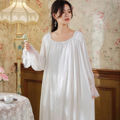 คุณภาพดีตาข่ายหลวม Night Dress ผู้หญิง Fairy สีขาวลูกไม้สีดำ Peignoir Robe แขนยาว Nightgown เจ้าหญิงชุดนอน Homewear