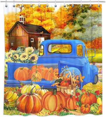 Fall Shower Curtain for Bathroom Autumn Blue Truck Bath Curtains Pumpkins Maple Leaves Farmhouse Curtains for Home Decor Gifts