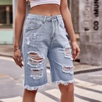 【CC】 Fashion Ripped Waisted Five-point Denim Shorts Hole Short Jeans Ladies Hotpants