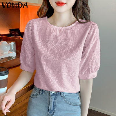 (จัดส่งฟรี)Fancystyle VONDA เสื้อสวมหัวผู้หญิงแขนพองสั้นเรียบง่ายลำลองคอกลมสำนักงานที่สง่างาม