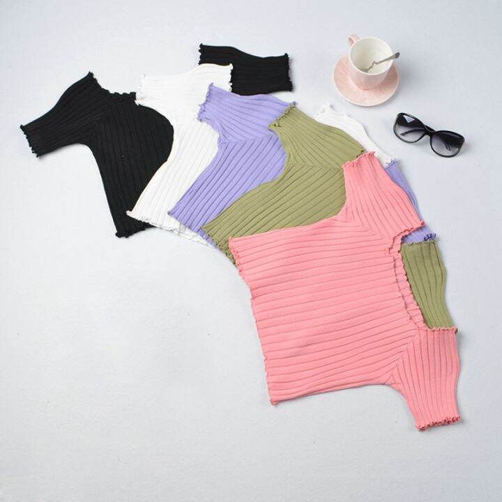 t-shoulder-knit-crop-outwear-fashion-short-sleeve-shirts-bodycon-tees