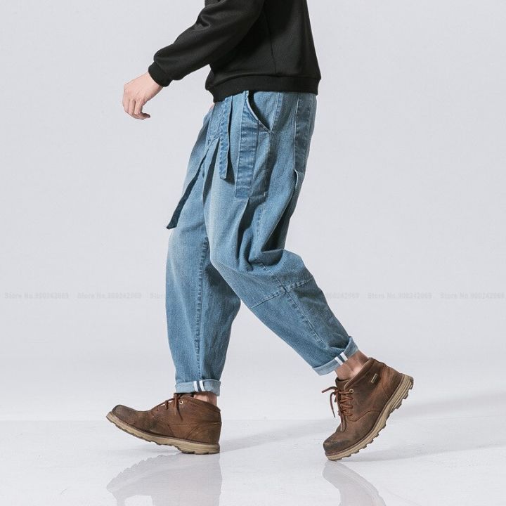กังฟูสไตล์จีนกางเกงยีนส์แนวสตรีทแดนซ์แบบลำลองวินเทจผู้ชายสไตล์ญี่ปุ่นฮาราจูกุทรงหลวมก้นกางเกงขายาว