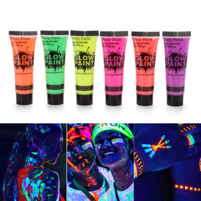 24 หลอด 10 ml/0.34 oz Art Body Paint GLOW in Dark หรือ UV Face &amp; Body Paint 6 สีเรืองแสง Blacklight เรืองแสงนีออนสำหรับปาร์ตี้คลับเทศกาลแต่งหน้าแบบฮาโลวีน