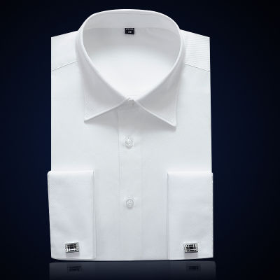 [จัดส่งฟรี] French Cuff Mens Formal Business Dress Shirt Solid Male Luxury White Party Wedding Tuxedo Shirts With Cufflinks Long Sleeve Male