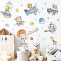Cartoon Animal Pilot Astronaut Wall Stickers for Kids rooms Boys Bedroom Kindergarten Wall Decor Room Decoration DIY Art Murals Wall Stickers  Decals