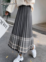 SURMIITRO 2021 Autumn Winter Warm Korean Style Stripes Knit Midi Long Pleated Skirt Women Mid-Length High Waist Skirt Female