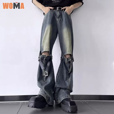 WOMA  เข็มขัดแบบประกบสามมิติเอวสูงกางเกงยีนส์ทรงบูทคัทย้อนยุคกางเกงขายาวใส่ได้ทุกโอกาสกางเกงลำลอง