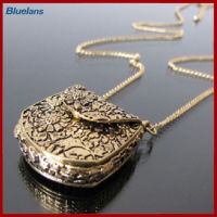 Bluelans®กระเป๋าวินเทจแกะสลัก Liontin Locket สีบรอนซ์สร้อยคอถักโซ่ยาว