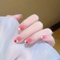 24pcs Fashion Natural Nude Color Heart Pattern Decorative Fake Nails with Glue Suitable Girl Wearable Short press on nail tips