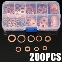 200Pcs Copper Washer Gasket Nut and Bolt Set Flat Ring Seal Assortment Kit with Box M5/M6/M8/M10/M12/M14 for Sump Plugs