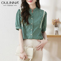 OULINNA เสื้อผู้หญิงแขนสั้นย้อนยุคฝรั่งเศส,เสื้อลำลองคอวีพิมพ์ลายสีเขียวตะวันตกสำหรับฤดูร้อน2023