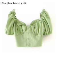 2020 summer new slim vintage chic green square collar ruffle short puff short sleeve casual cropped tops blouses woman